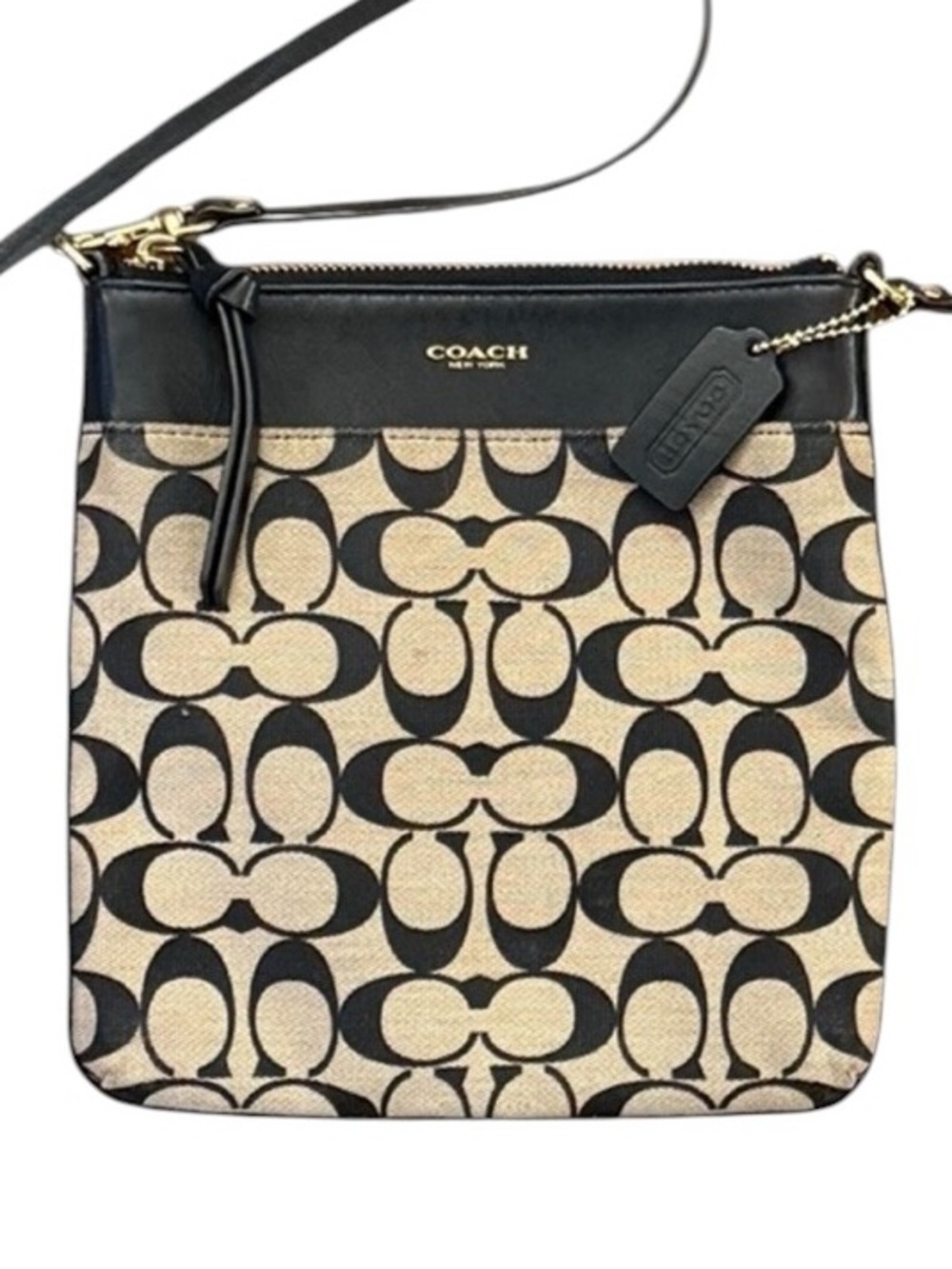 Coach Signature Jacquard Swingpack Crossbody Bag Black Tan Canvas Leather Trim